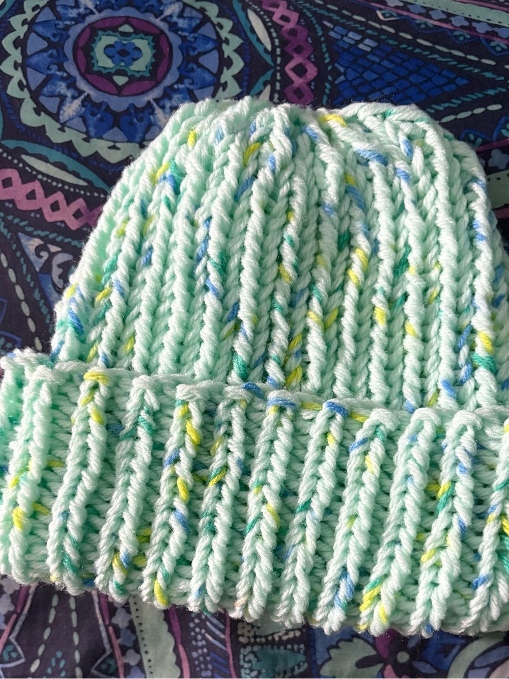 Teal Knit Beanie with Multicolor Accents
